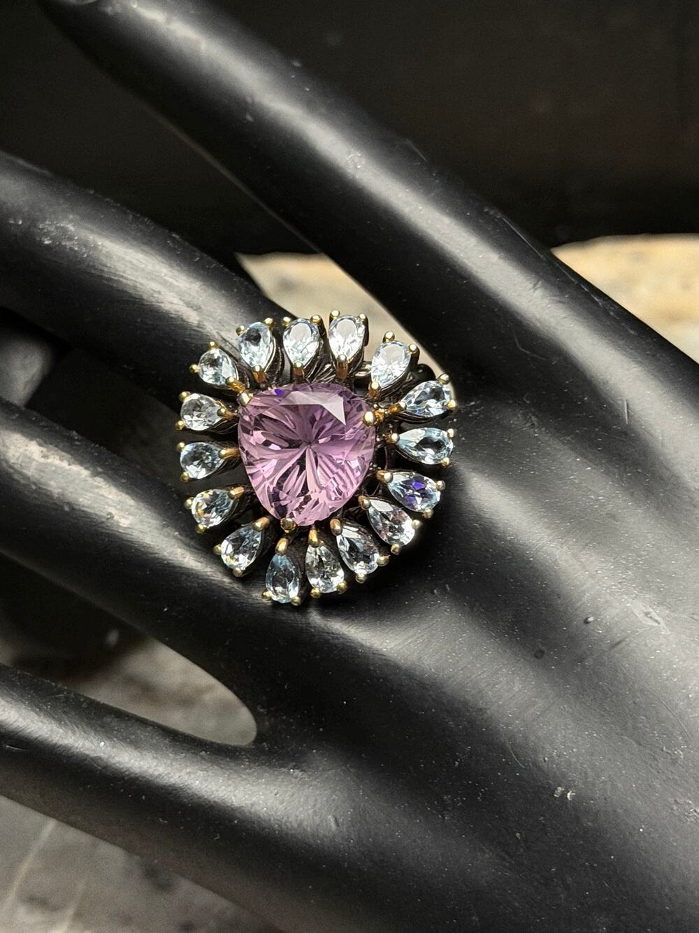 Carved Lavender Amethyst Ring | Aquamarine Halo, Sterling Silver Size 8